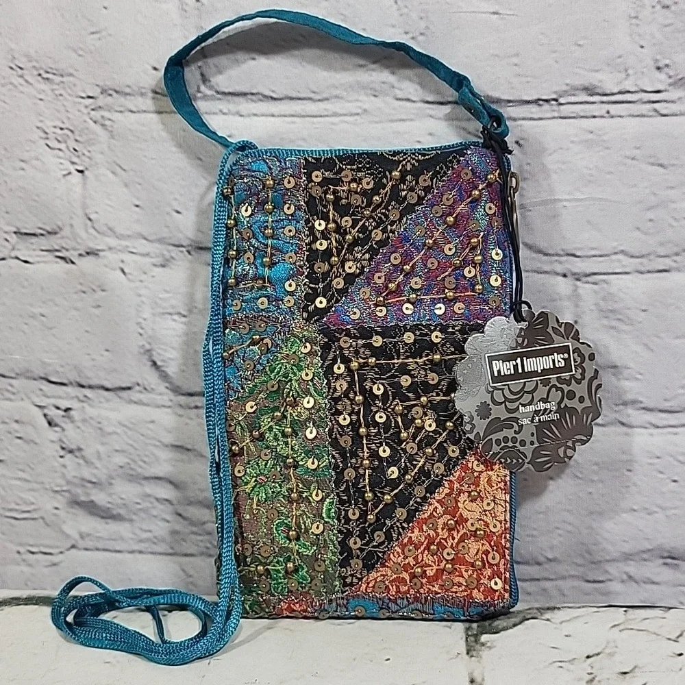 Pier 1 Imports Handbag Sequined Patchwork Boho Cellphone Clutch Made‎ In India